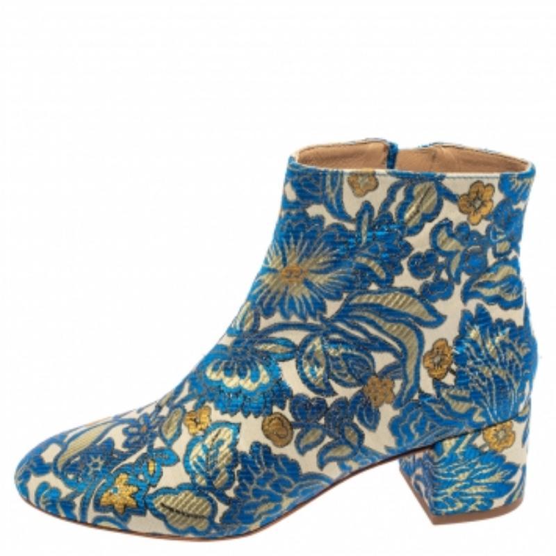 Tory Burch Multicolor Brokat Stoff Block Heel Stiefeletten Größe 36 (Blau) im Angebot