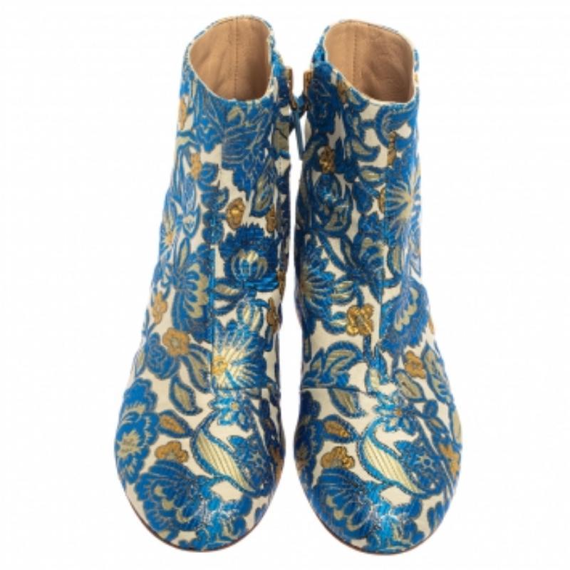 Tory Burch Multicolor Brokat Stoff Block Heel Stiefeletten Größe 36 im Angebot 1