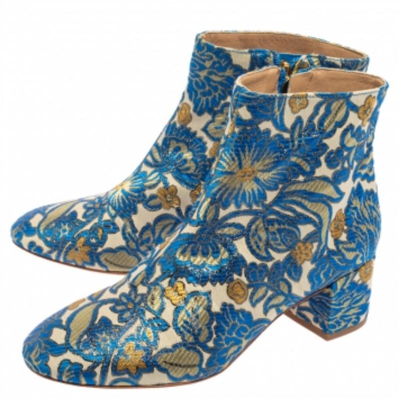 Tory Burch Multicolor Brokat Stoff Block Heel Stiefeletten Größe 36 im Angebot 2