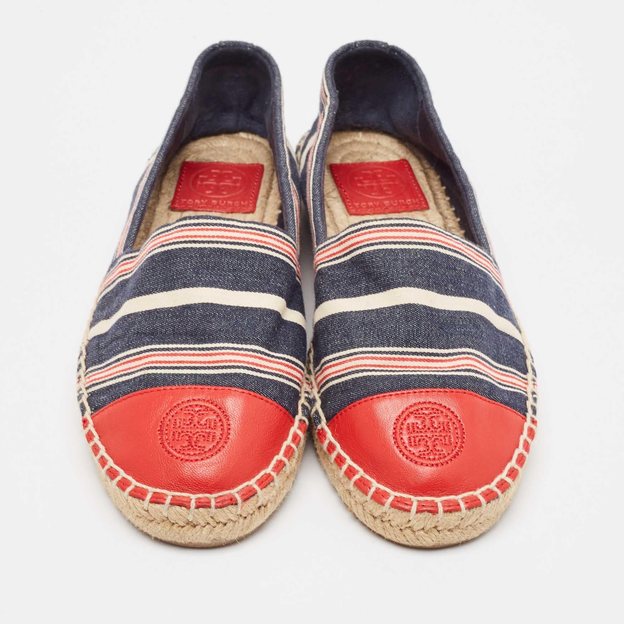 Gray Tory Burch Multicolor Denim and Leather Espadrille Flats Size 37.5