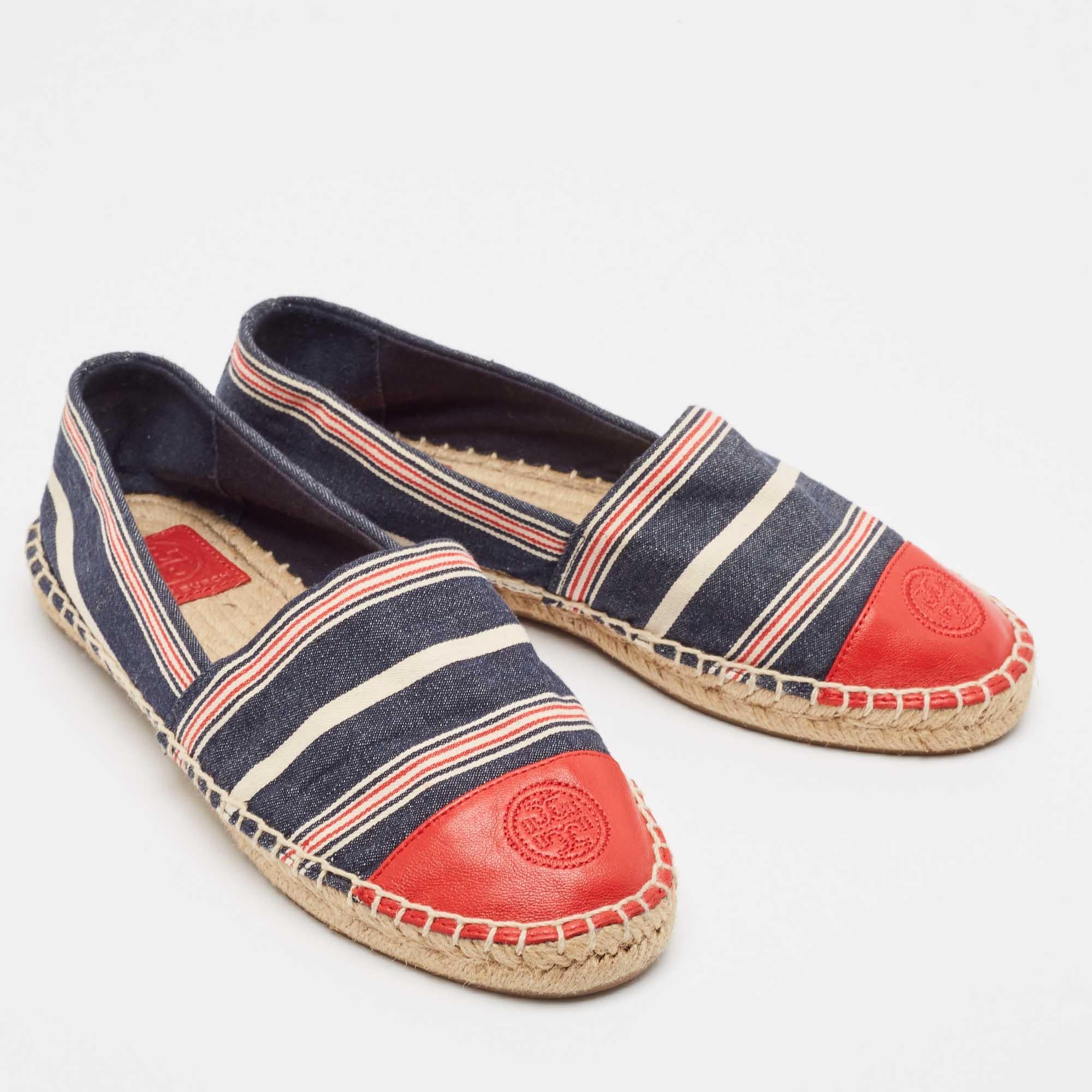 Tory Burch Multicolor Denim and Leather Espadrille Flats Size 37.5 In Fair Condition In Dubai, Al Qouz 2