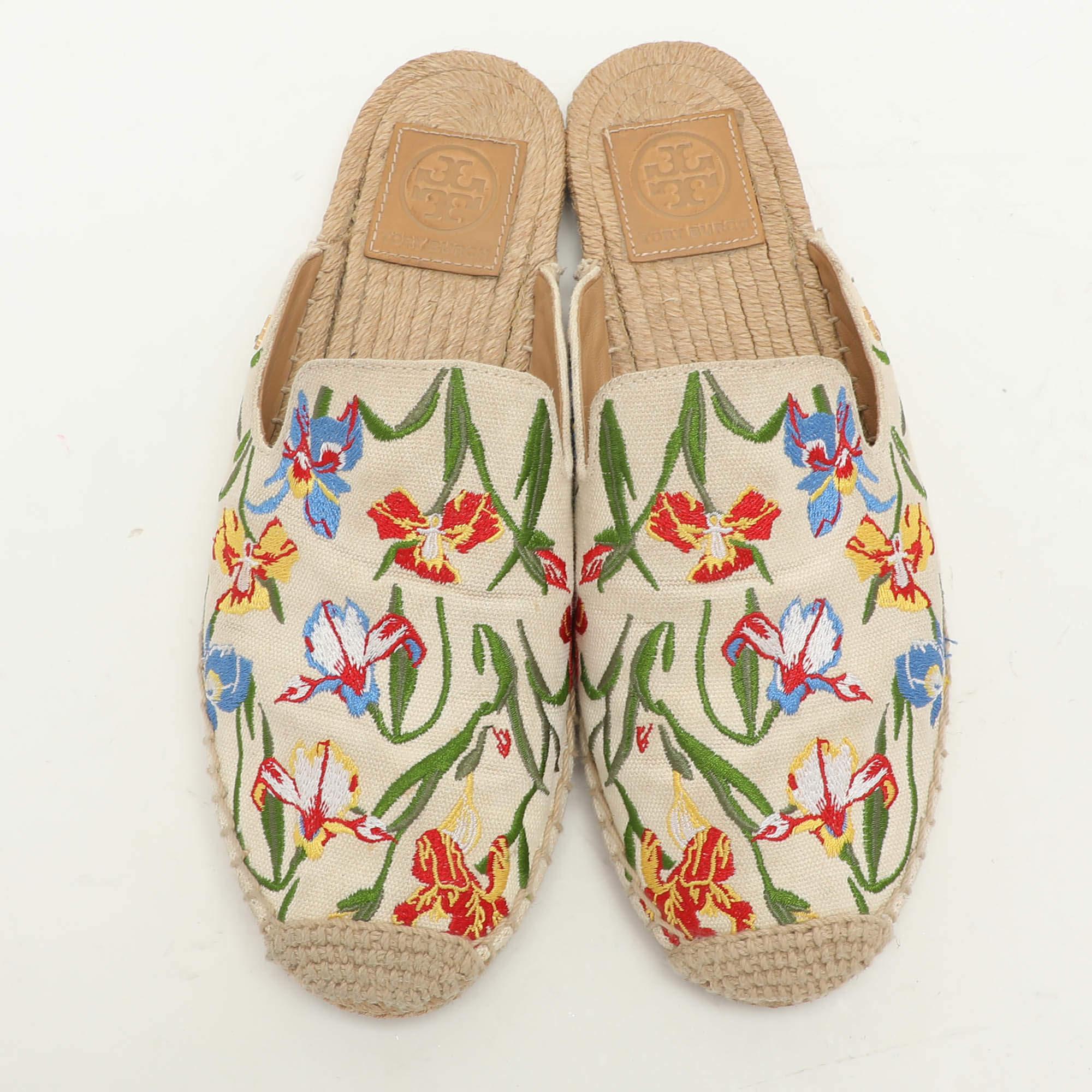 Beige Tory Burch Mules espadrilles brodées de fleurs multicolores, taille 37,5 en vente