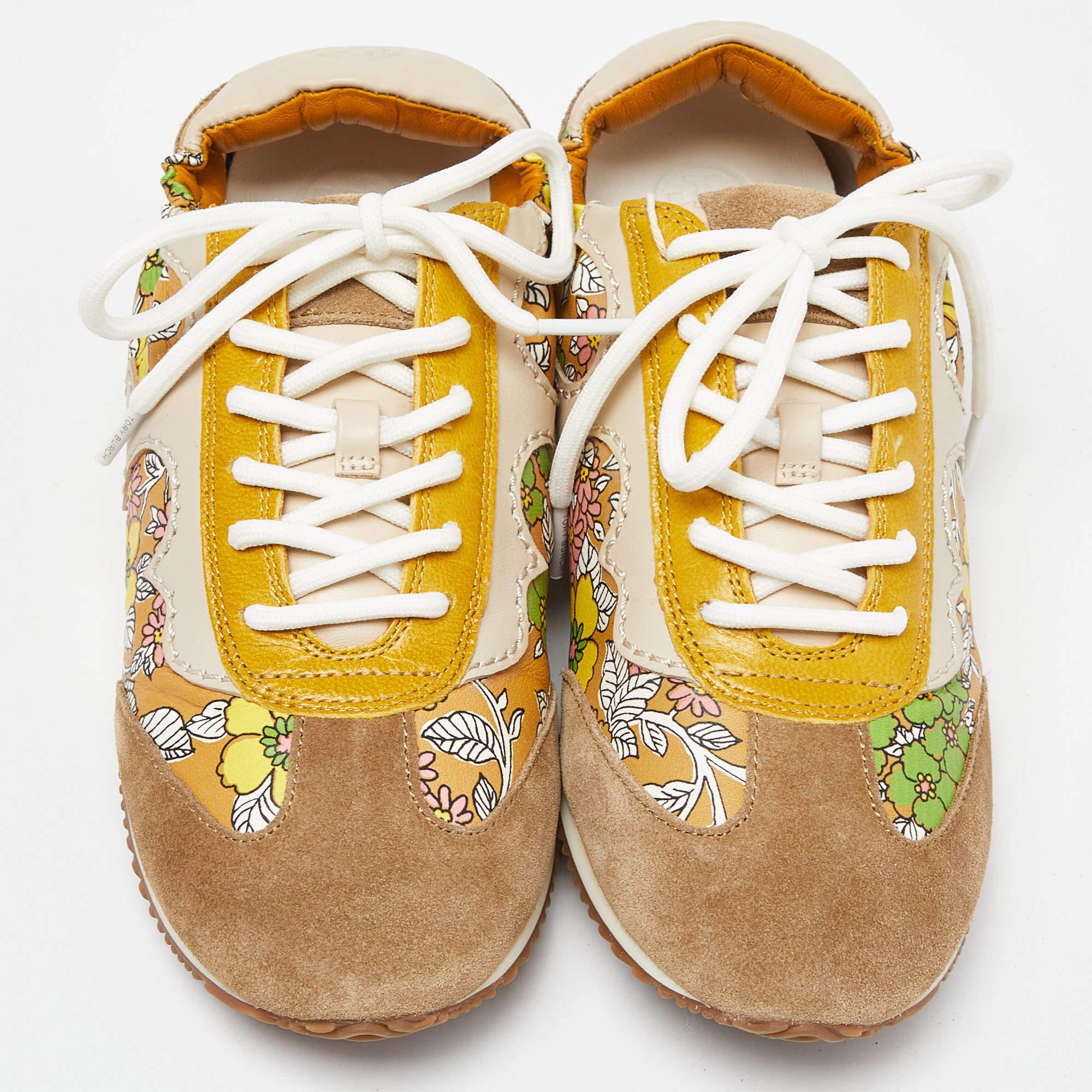 Beige Tory Burch Multicolor Suede and Leather Lace Up Sneakers Size 36.5 For Sale