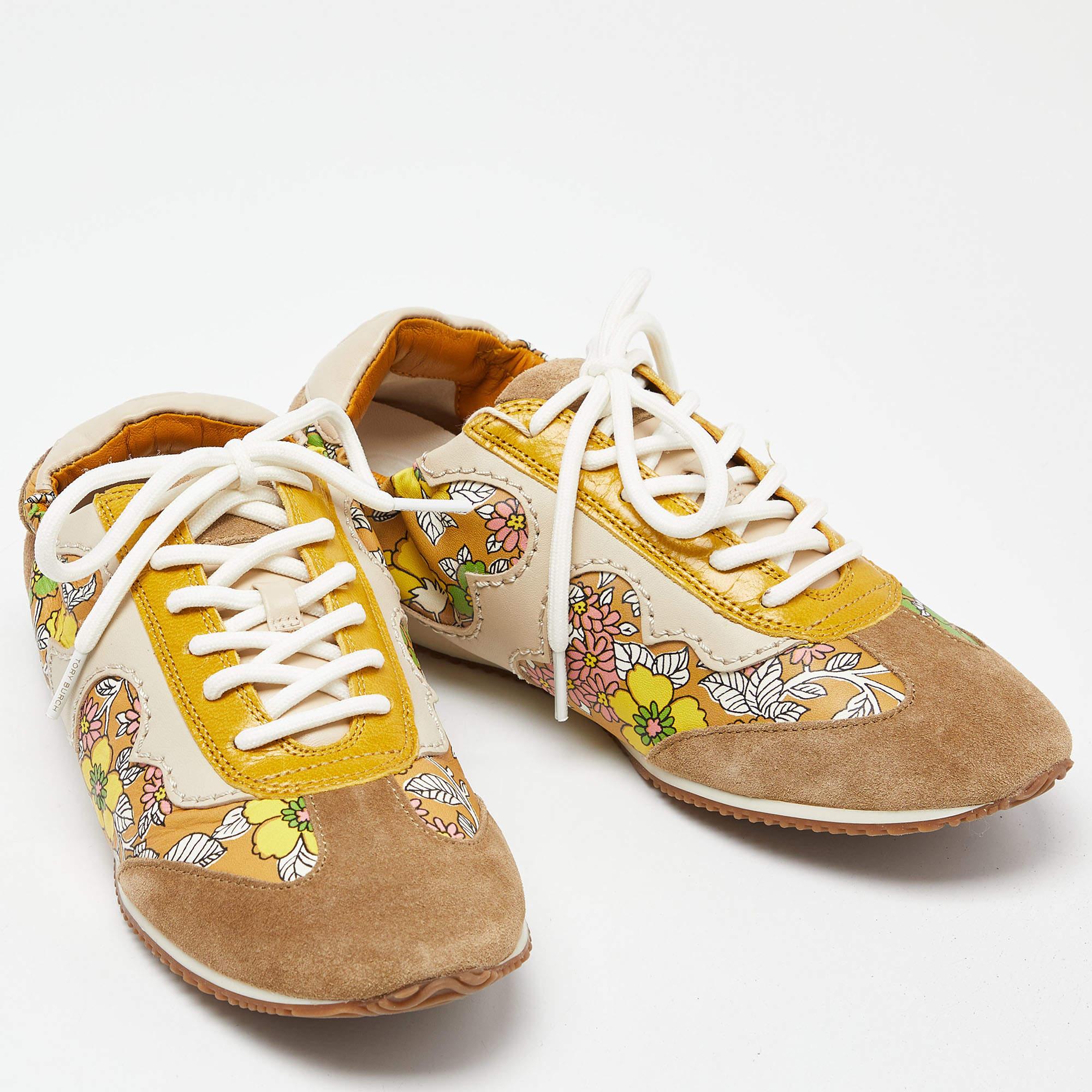 Tory Burch Multicolor Suede and Leather Lace Up Sneakers Size 36.5 In Good Condition For Sale In Dubai, Al Qouz 2