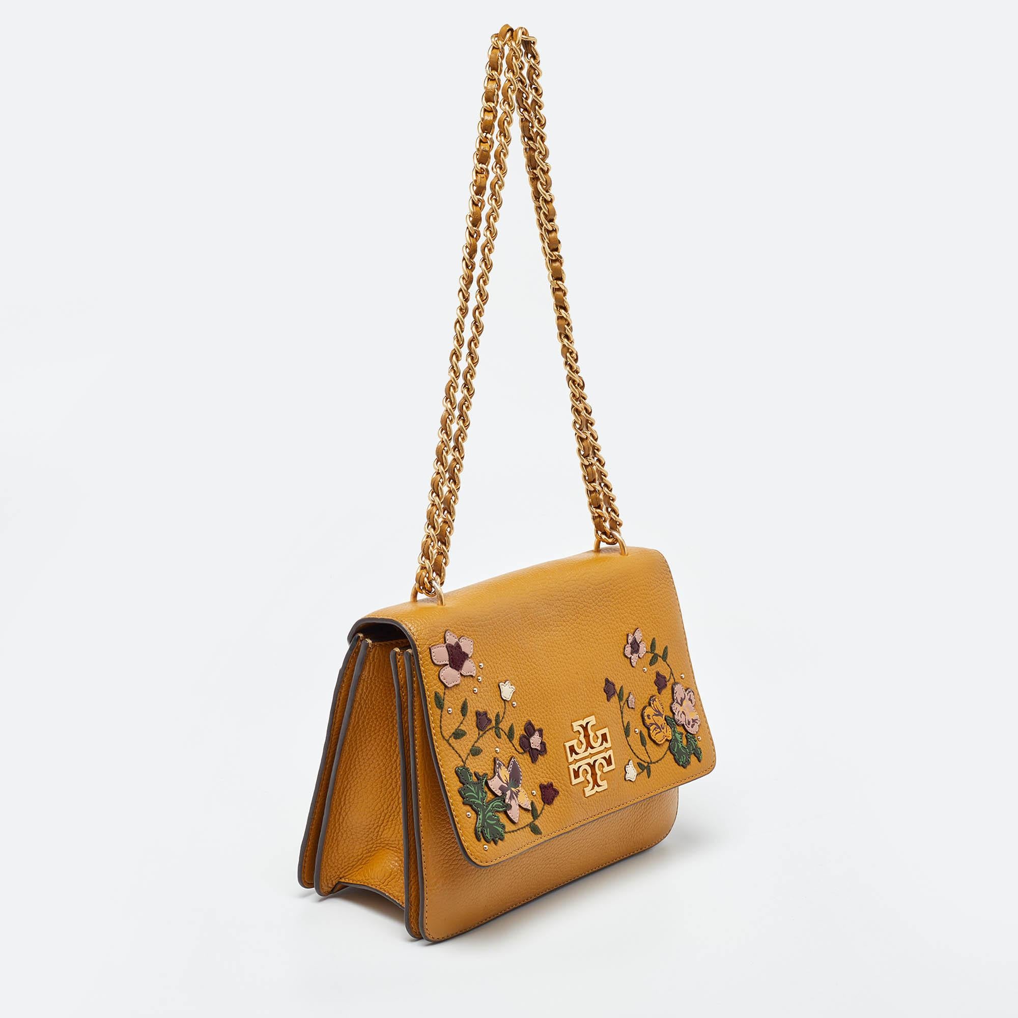 Orange Tory Burch Mustard Leather Britten Floral Applique Flap Bag