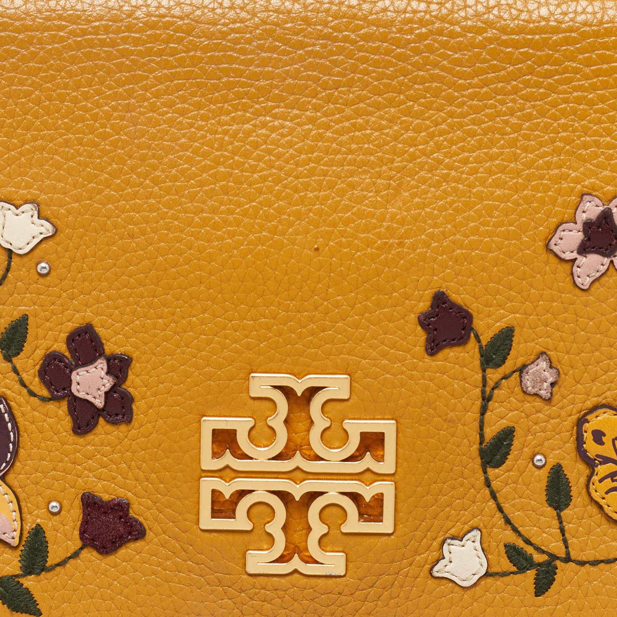 Women's Tory Burch Mustard Leather Britten Floral Applique Flap Bag