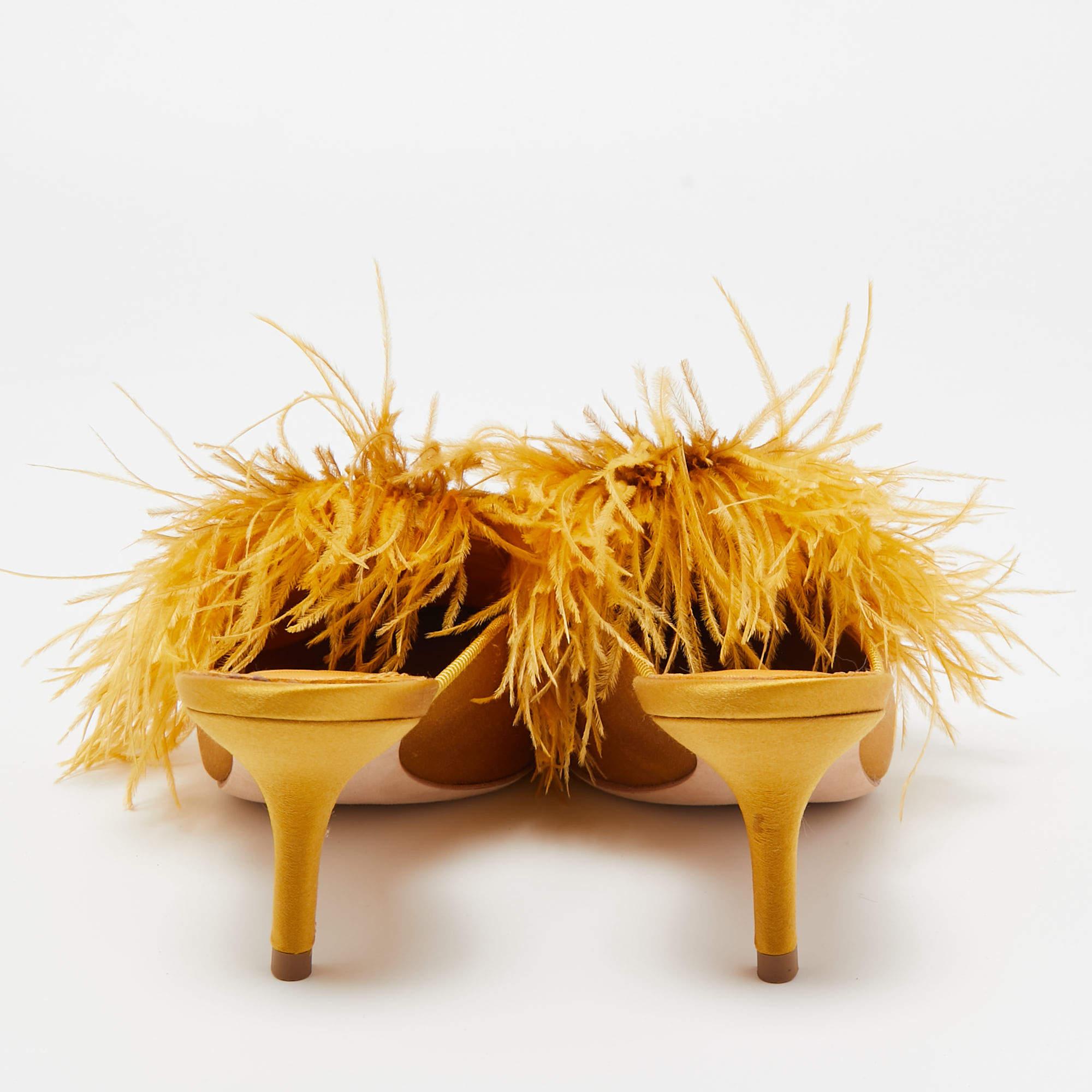 Tory Burch Mustard Yellow Satin and Feather Elodie Embellished Mules Size 36.5