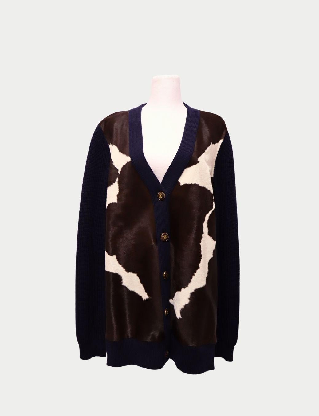 Tory Burch Cardigan con pannello in pelle di mucca marrone e blu - L. In condizioni buone in vendita a Amman, JO