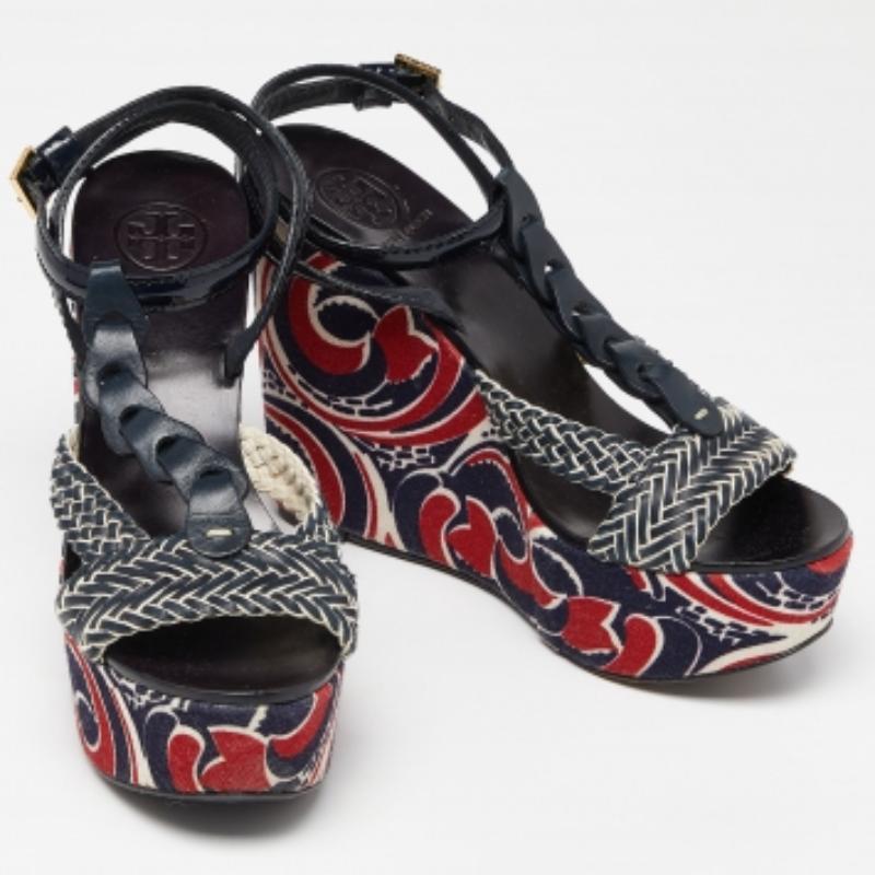 Black Tory Burch Navy Blue Braided Leather Platform Wedge Sandals Size 41 For Sale
