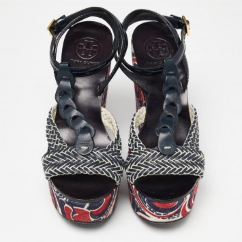 Women's Tory Burch Navy Blue Braided Leather Platform Wedge Sandals Size 41 For Sale