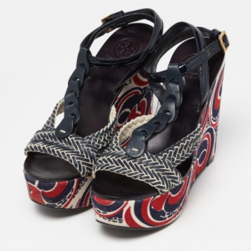 Tory Burch Navy Blue Braided Leather Platform Wedge Sandals Size 41 For Sale 1