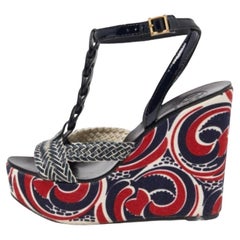 Tory Burch Navy Blue Braided Leather Platform Wedge Sandals Size 41