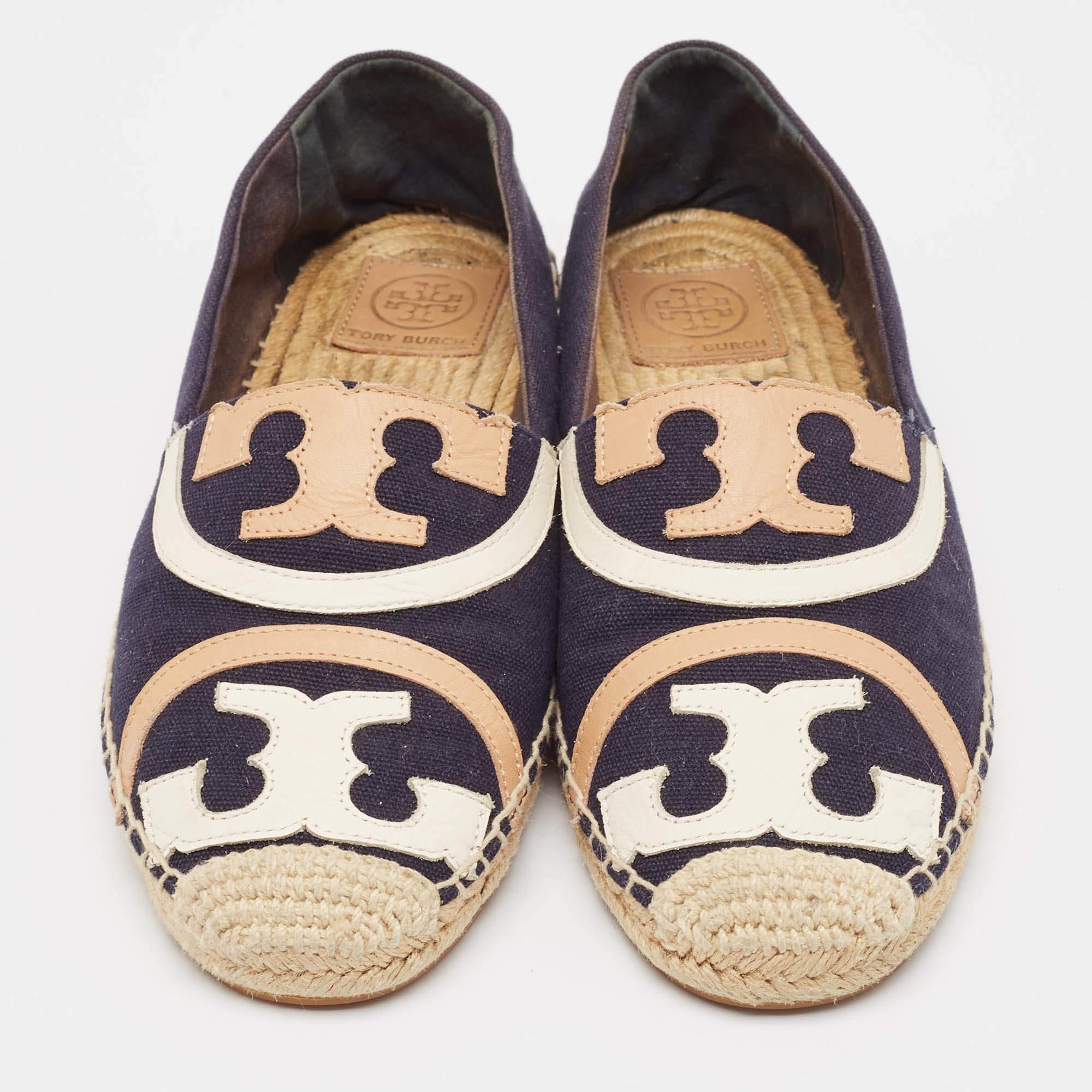 Black Tory Burch Navy Blue Canvas Poppy Espadrille Flats Size 40 For Sale
