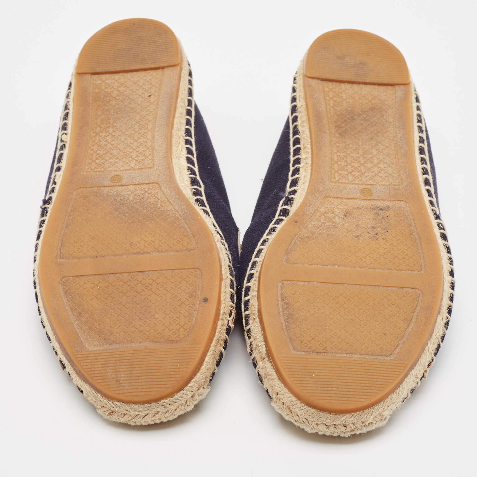 Tory Burch Navy Blue Canvas Poppy Espadrille Flats Size 40 For Sale 1