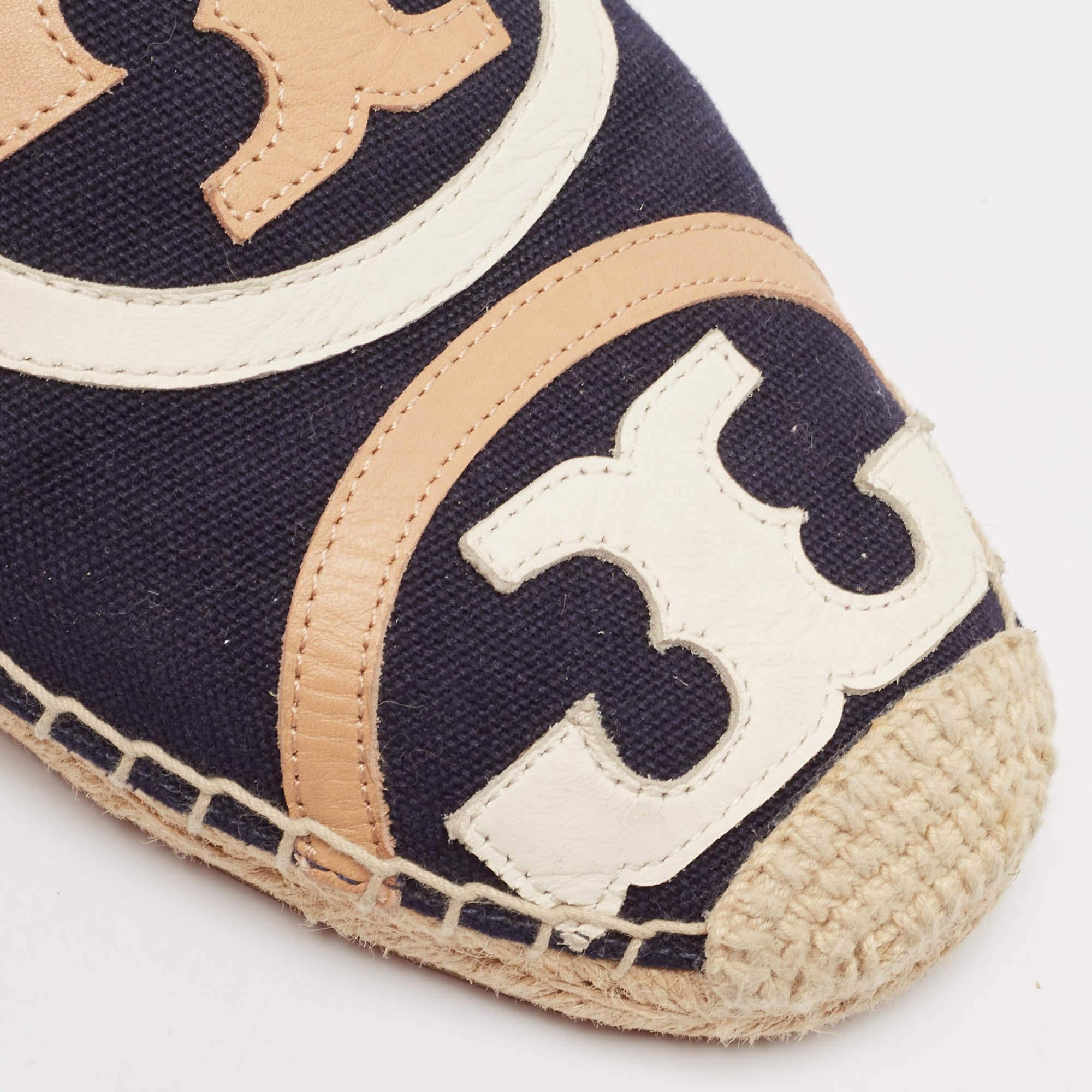 Tory Burch Navy Blue Canvas Poppy Espadrille Flats Size 40 For Sale 2