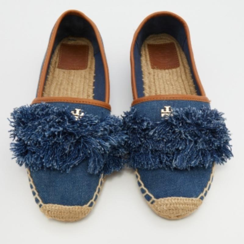 Tory Burch - Espadrilles plates à franges en denim bleu marine, taille 36 en vente 1