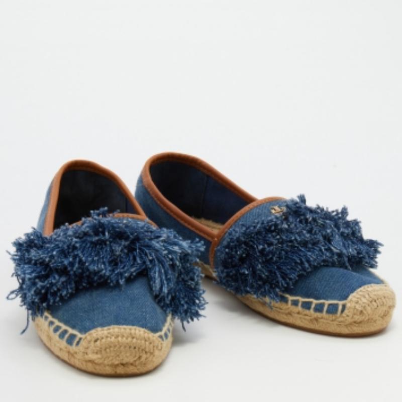 Tory Burch - Espadrilles plates à franges en denim bleu marine, taille 36 en vente 3