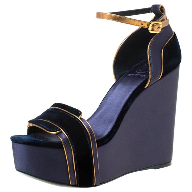 Tory Burch Navy Blue/Gold Velvet and Satin Alexia Wedge Sandals Size   For Sale at 1stDibs | tory burch platform sandals, navy blue wedge sandals