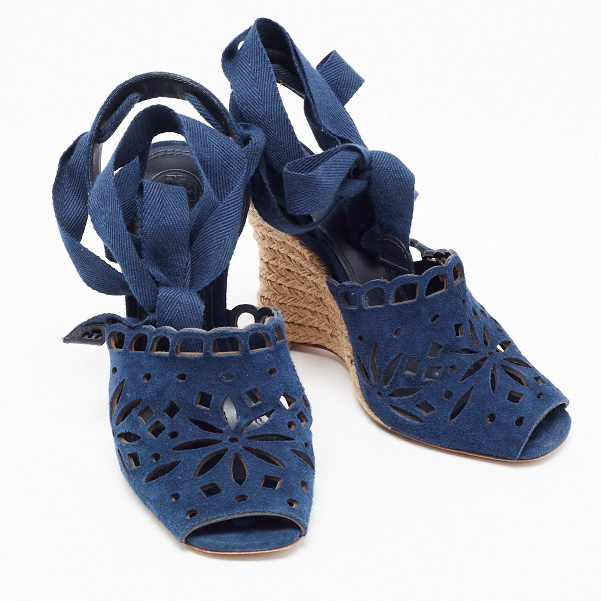 Women's Tory Burch Navy Blue Laser Cut Suede Ankle Tie Wedge Sandals Size 36.5 For Sale