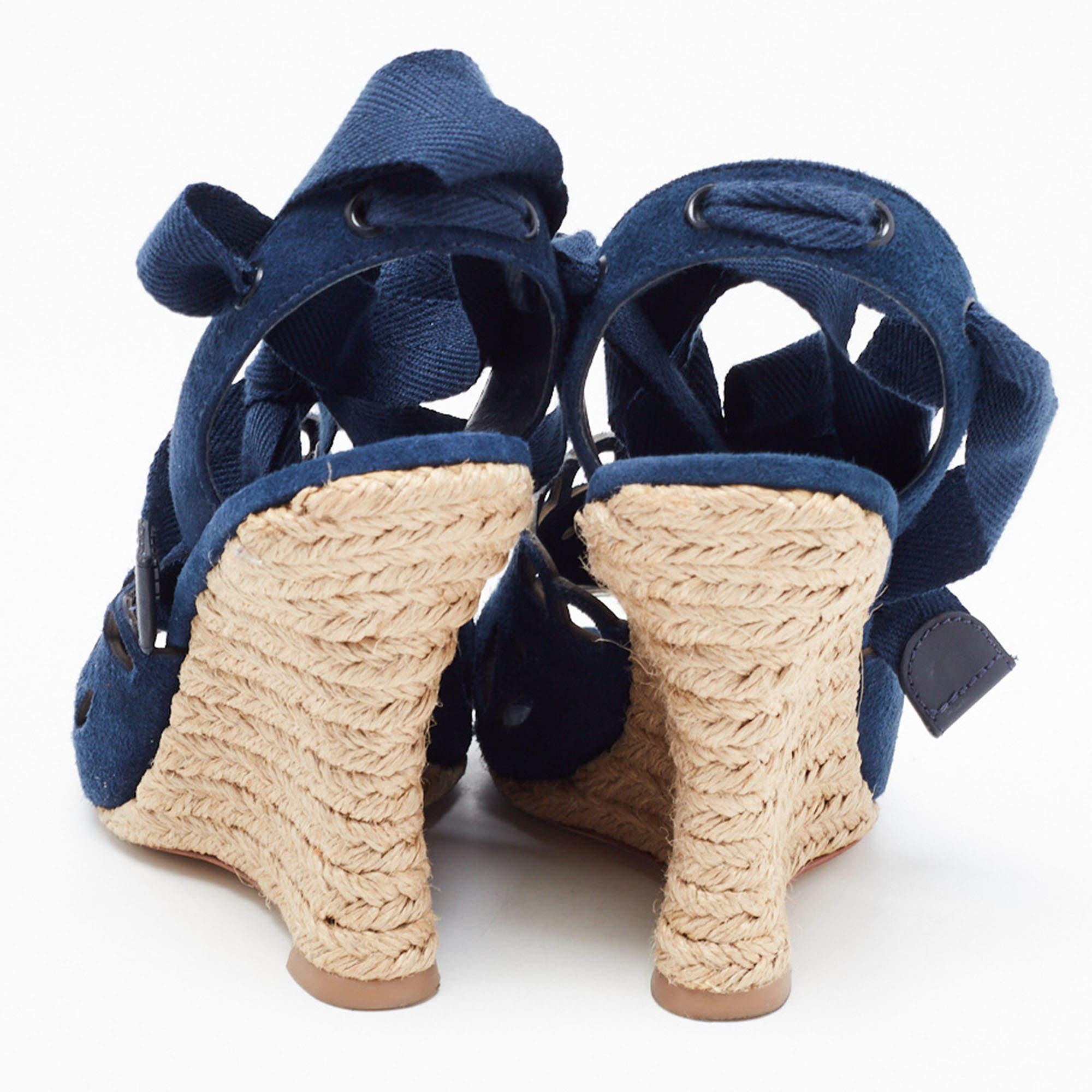 Tory Burch Navy Blue Laser Cut Suede Ankle Tie Wedge Sandals Size 36.5 For Sale 1