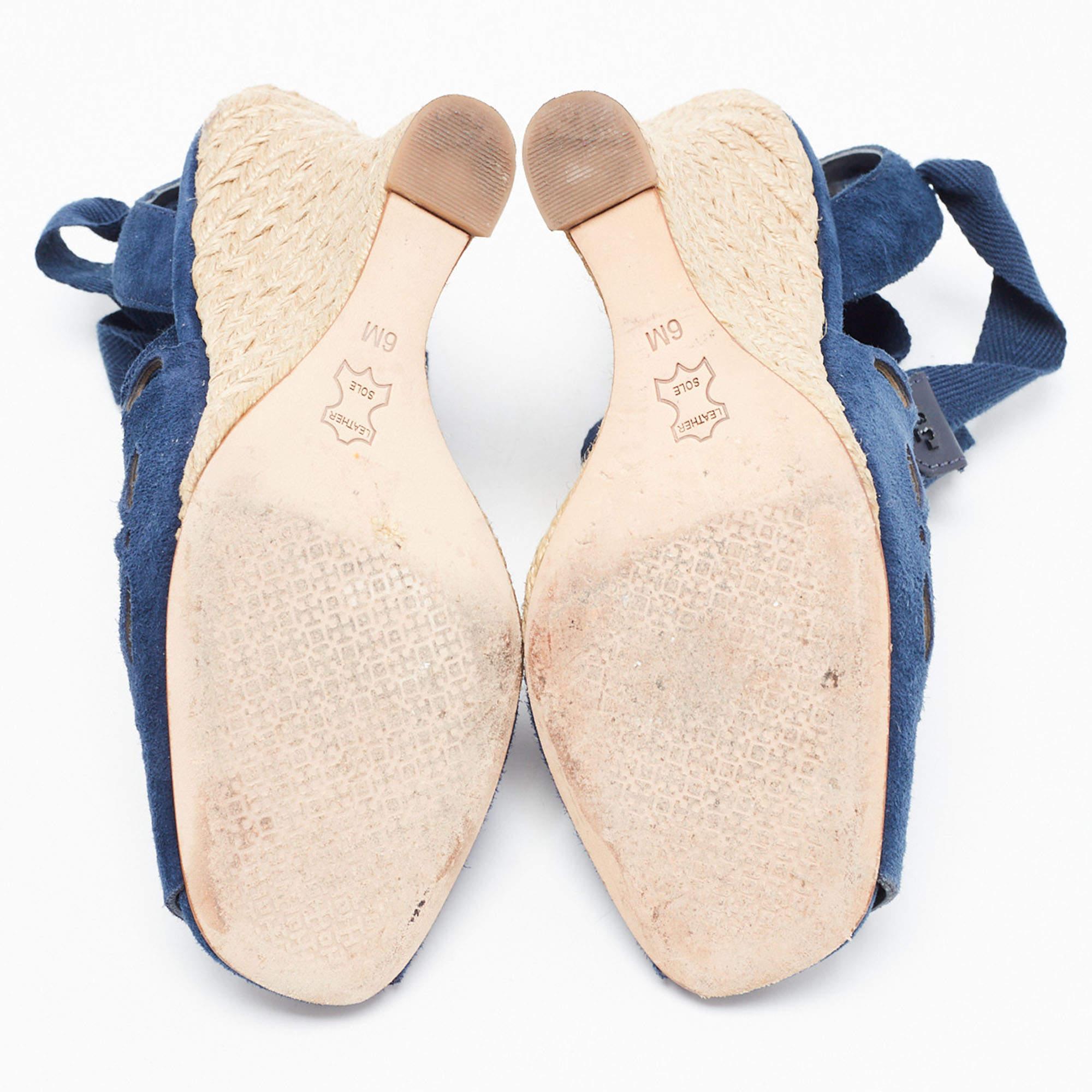 Tory Burch Navy Blue Laser Cut Suede Ankle Tie Wedge Sandals Size 36.5 For Sale 2