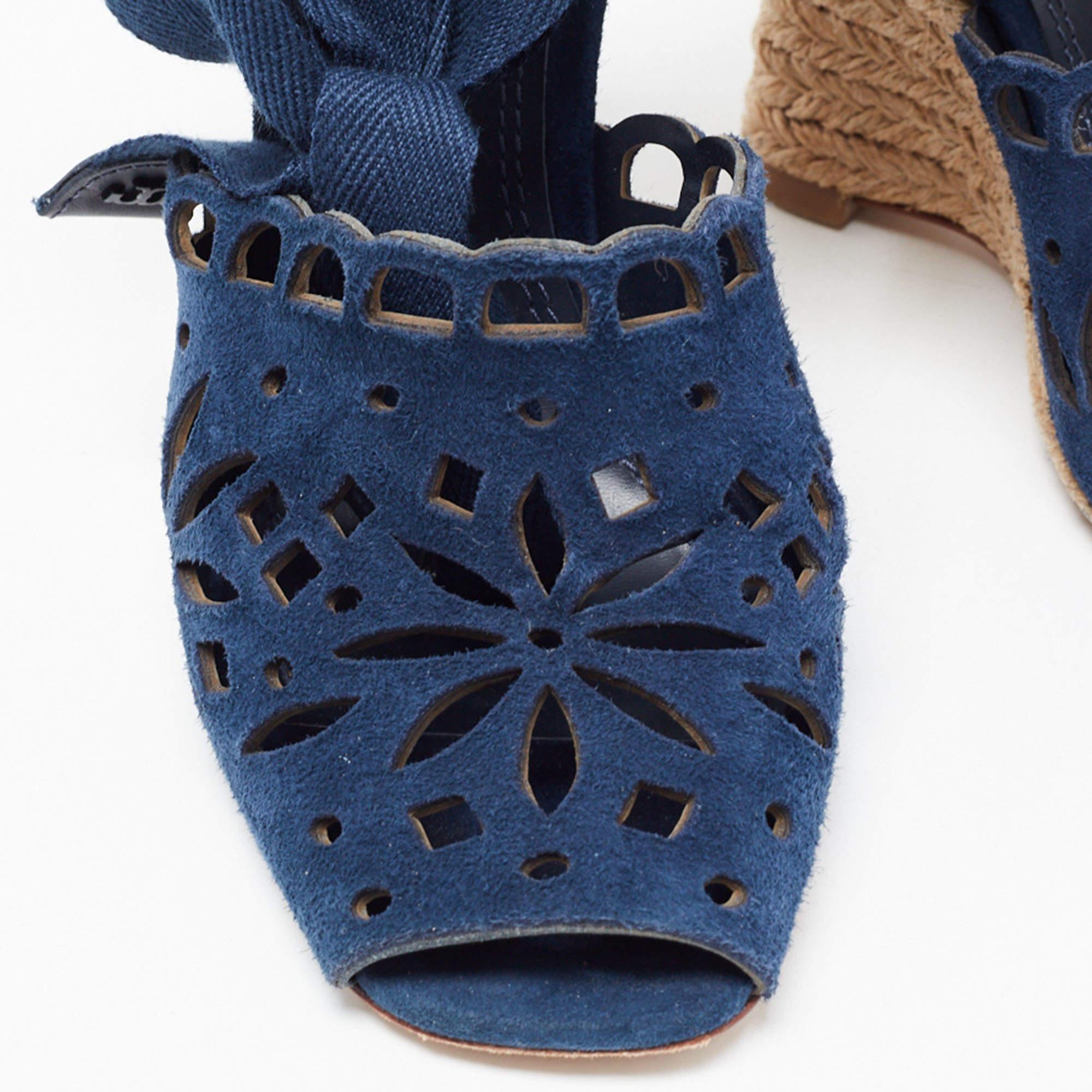 Tory Burch Navy Blue Laser Cut Suede Ankle Tie Wedge Sandals Size 36.5 For Sale 3