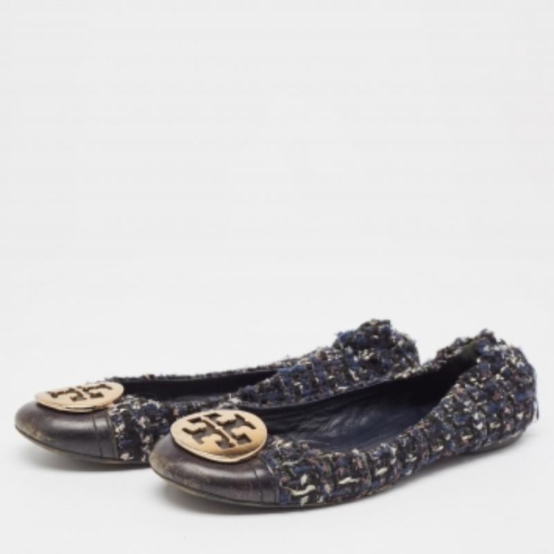 Tory Burch Bailarinas con puntera de punta de cuero y tweed azul marino talla 37.5 Negro en venta