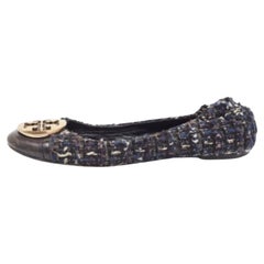 Tory Burch Bailarinas con puntera de punta de cuero y tweed azul marino talla 37.5