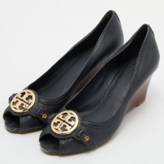 Tory Burch Navy Blue Leather Leticia Peep Toe Wedge Pumps Size 37.5