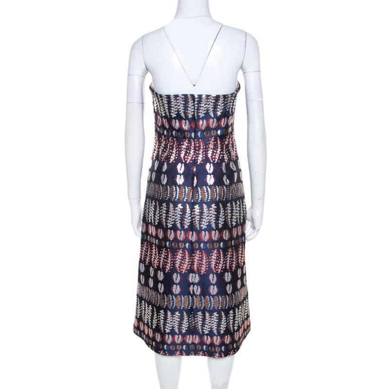 Black Tory Burch Navy Blue Lurex Fern Patterned Pleated Bodice Strapless Dress S
