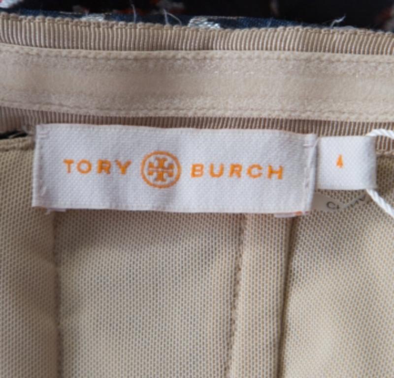 Tory Burch Marineblaues trägerloses Kleid aus Lurex mit Fern-Muster und plissiertem Mieder S Damen im Angebot