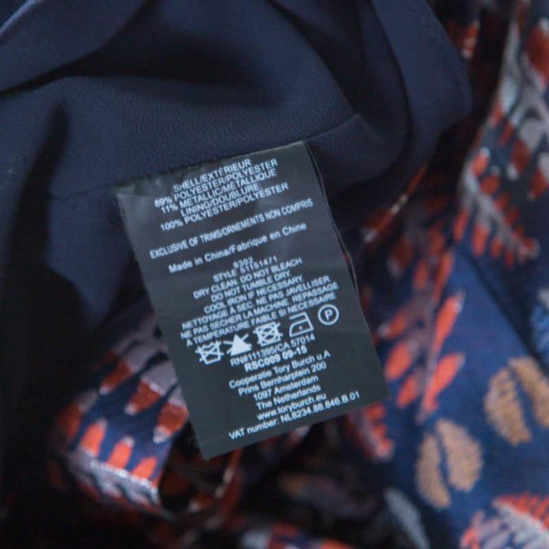 Tory Burch Navy Blue Lurex Fern Patterned Pleated Bodice Strapless Dress S 1