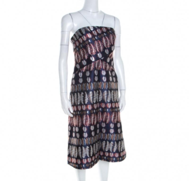 Tory Burch Marineblaues trägerloses Kleid aus Lurex mit Fern-Muster und plissiertem Mieder S im Angebot 1