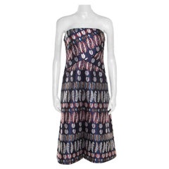 Tory Burch Navy Blue Lurex Fern Patterned Pleated Bodice Strapless Dress S