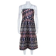 Tory Burch Navy Blue Lurex Fern Patterned Pleated Bodice Strapless Dress S