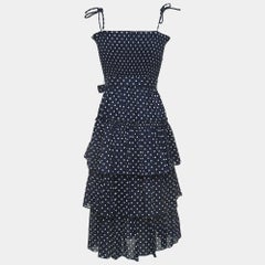 Tory Burch Navy Blue Polka-Dot Print Cotton Tiered Dress XS