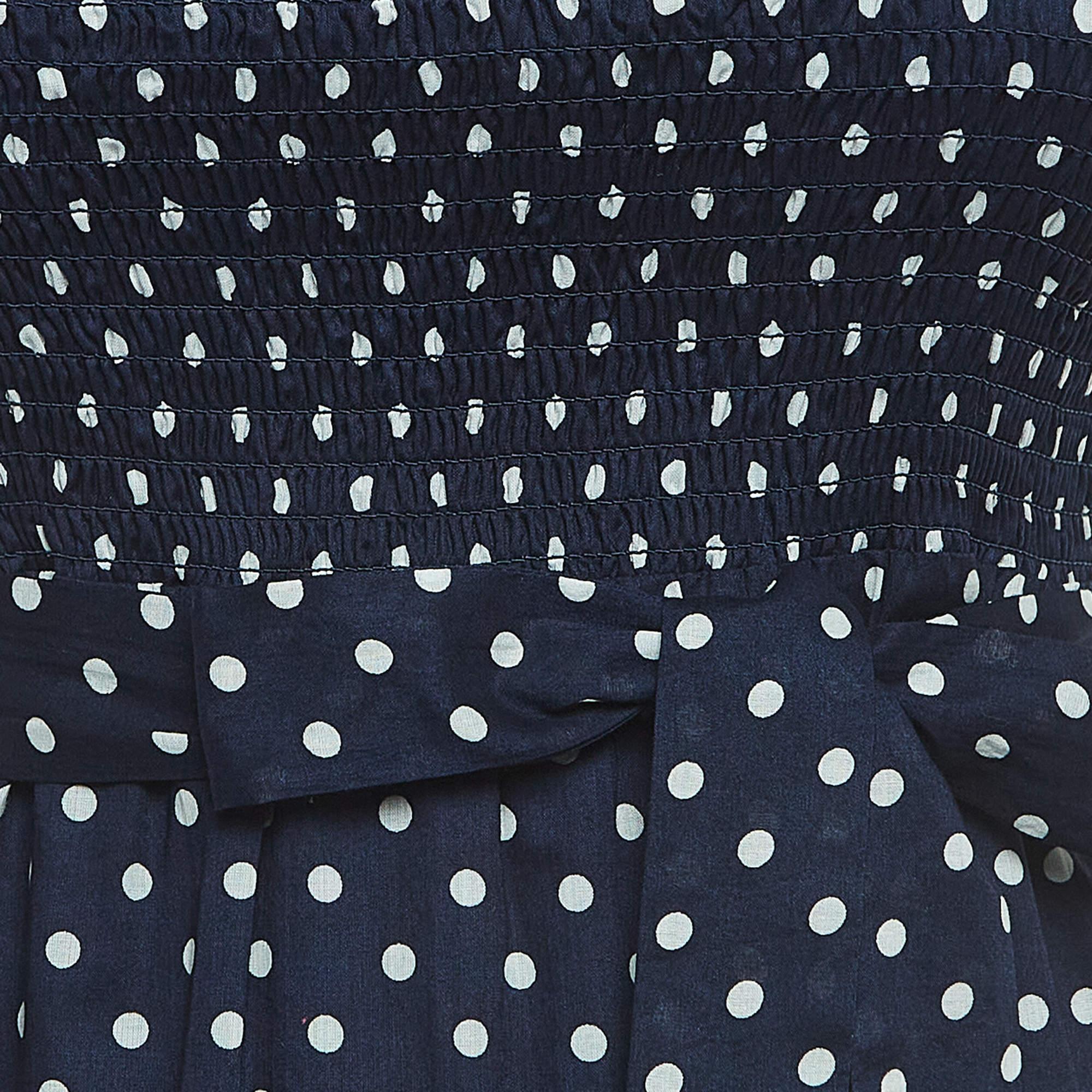 Black Tory Burch Navy Blue Polka-Dot Print Cotton Tiered Dress XS For Sale