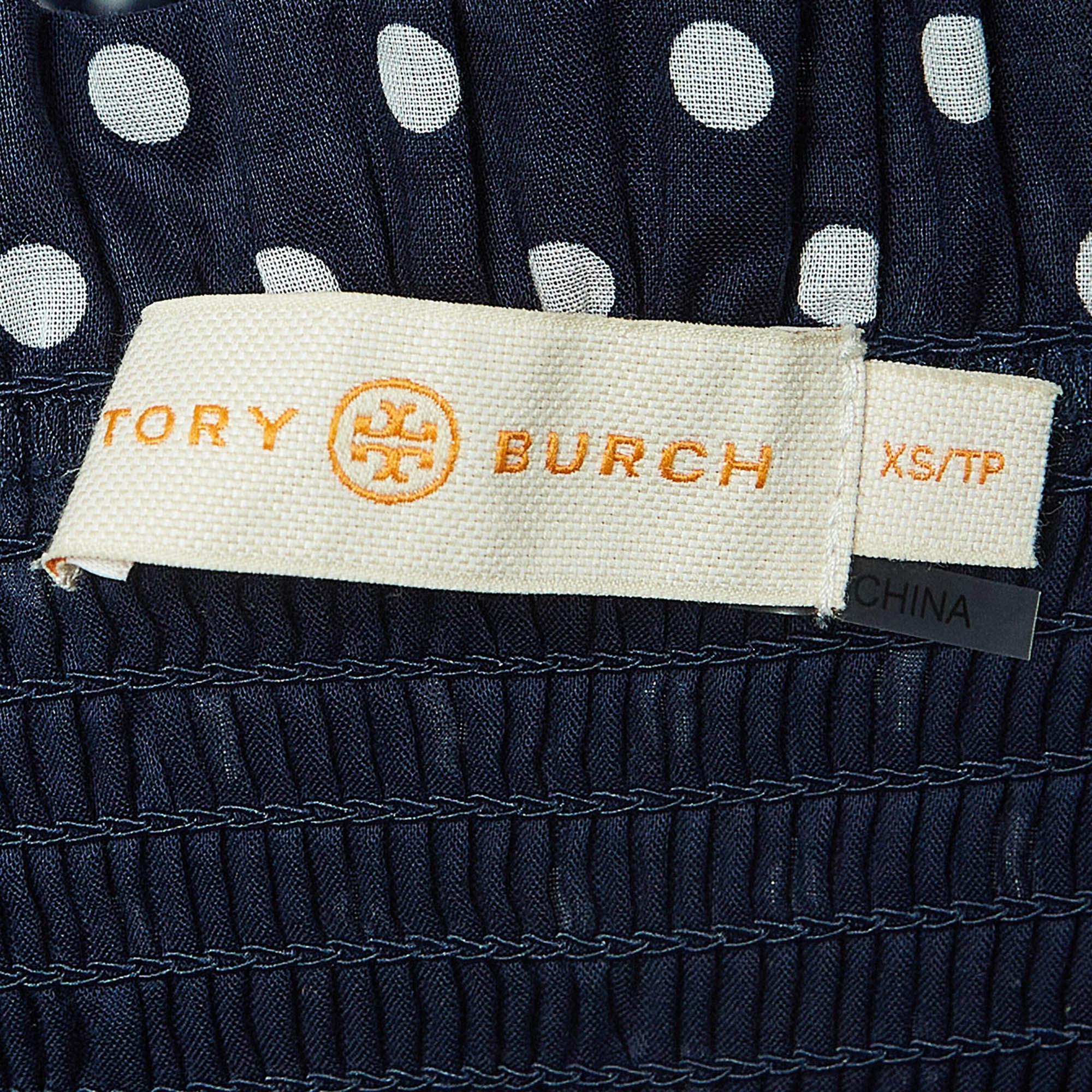 Tory Burch Navy Blue Polka-Dot Print Cotton Tiered Dress XS In Excellent Condition For Sale In Dubai, Al Qouz 2