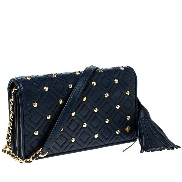 Tory Burch Navy Blue Quilted Leather Fleming Stud Crossbody Bag