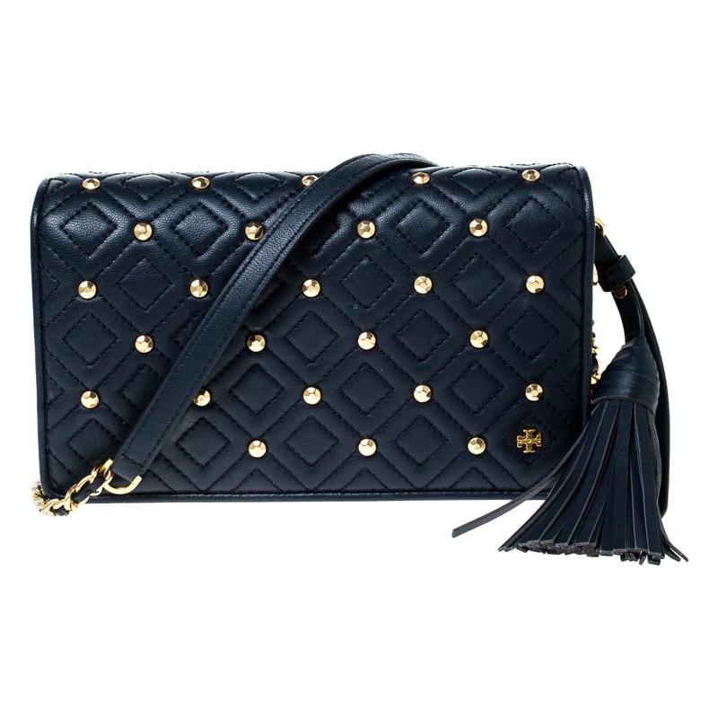 Tory Burch Navy Blue Quilted Leather Fleming Stud Crossbody Bag