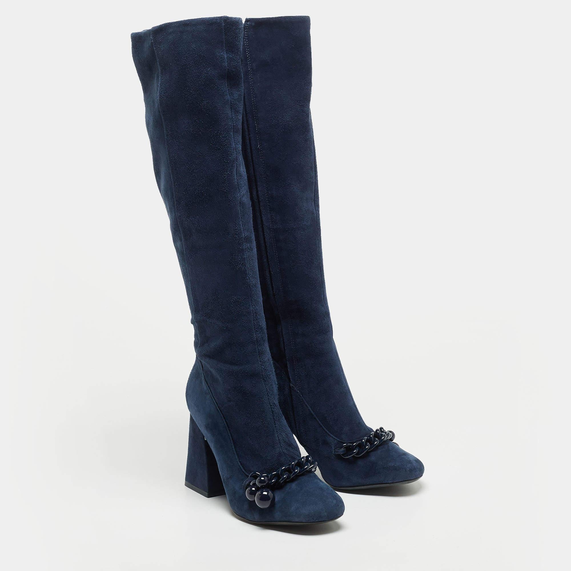 Black Tory Burch Navy Blue Suede Knee Length Boots Size 37
