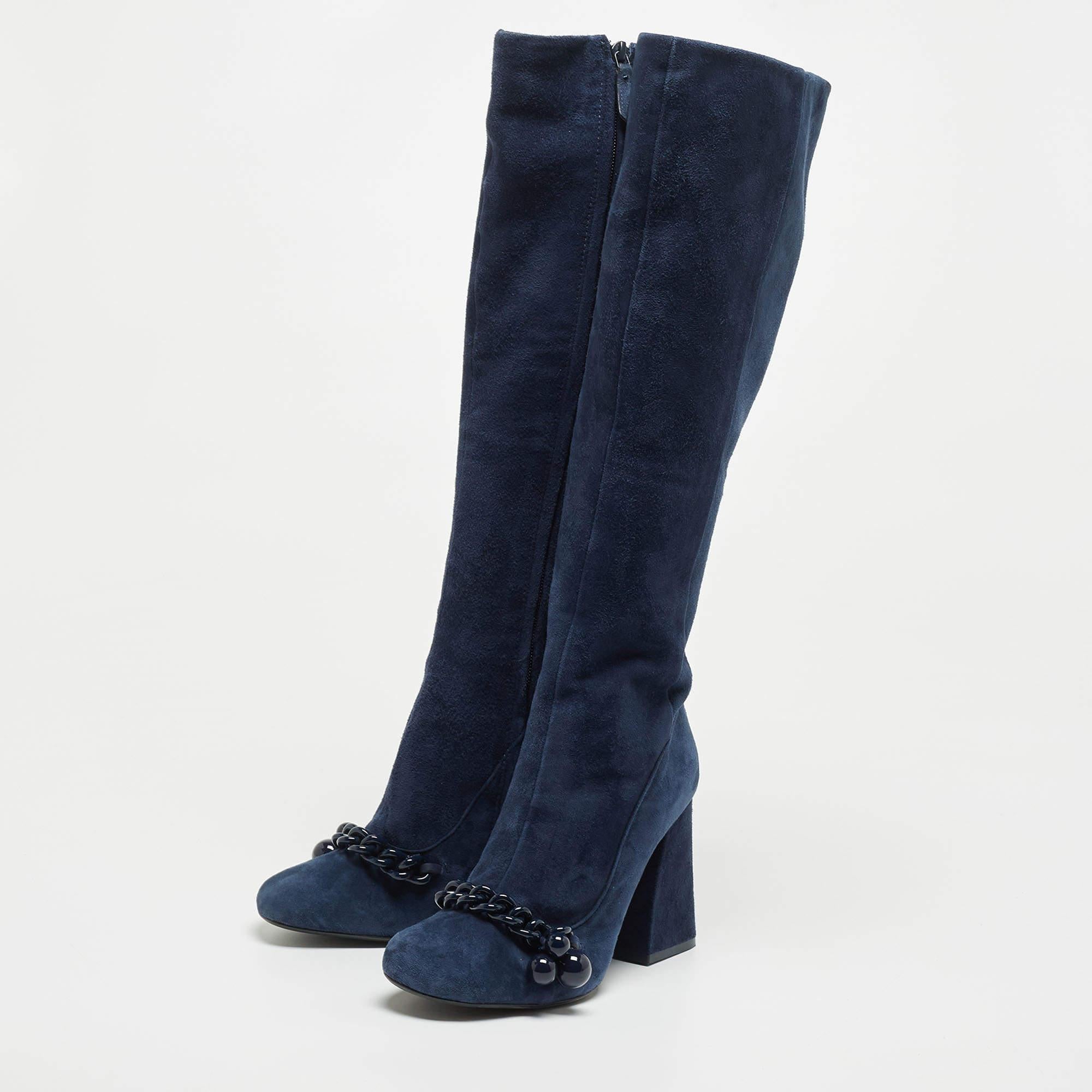 Women's Tory Burch Navy Blue Suede Knee Length Boots Size 37