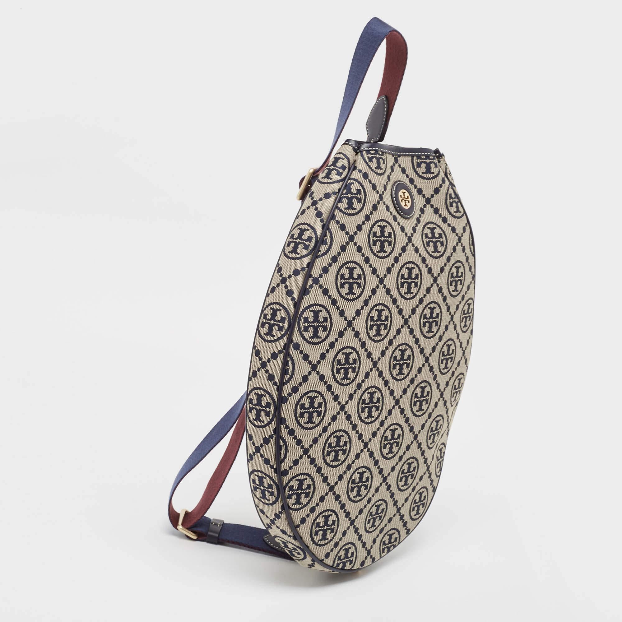 Gray Tory Burch Navy Blue T Monogram Jacquard Canvas Tennis Bag