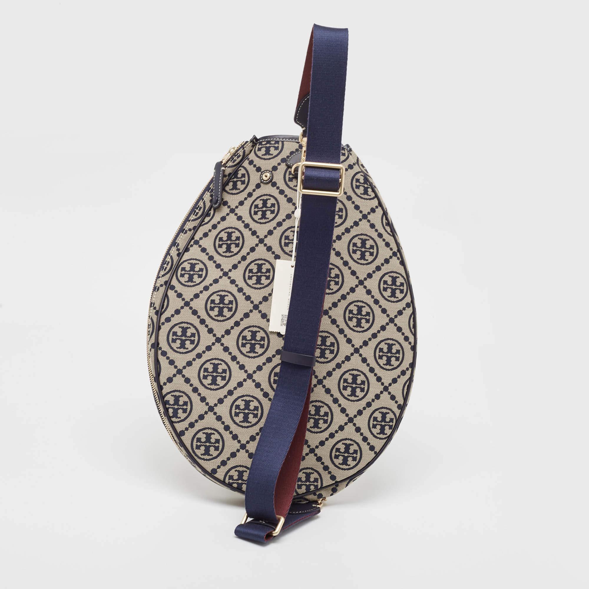 Tory Burch Navy Blue T Monogram Jacquard Canvas Tennis Bag In New Condition In Dubai, Al Qouz 2