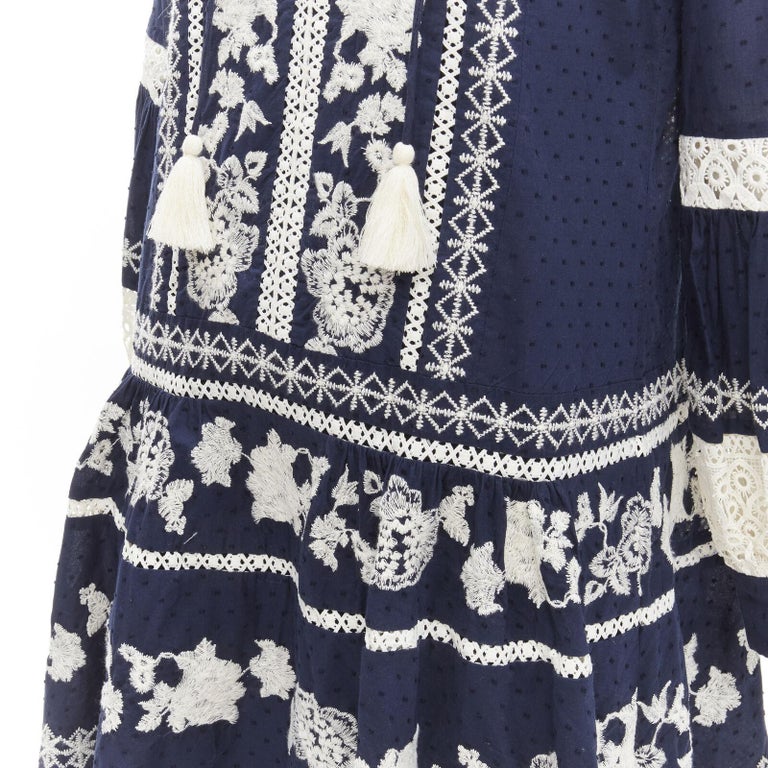 TORY BURCH navy blue white floral embroidery flared skirt boho dress S at  1stDibs