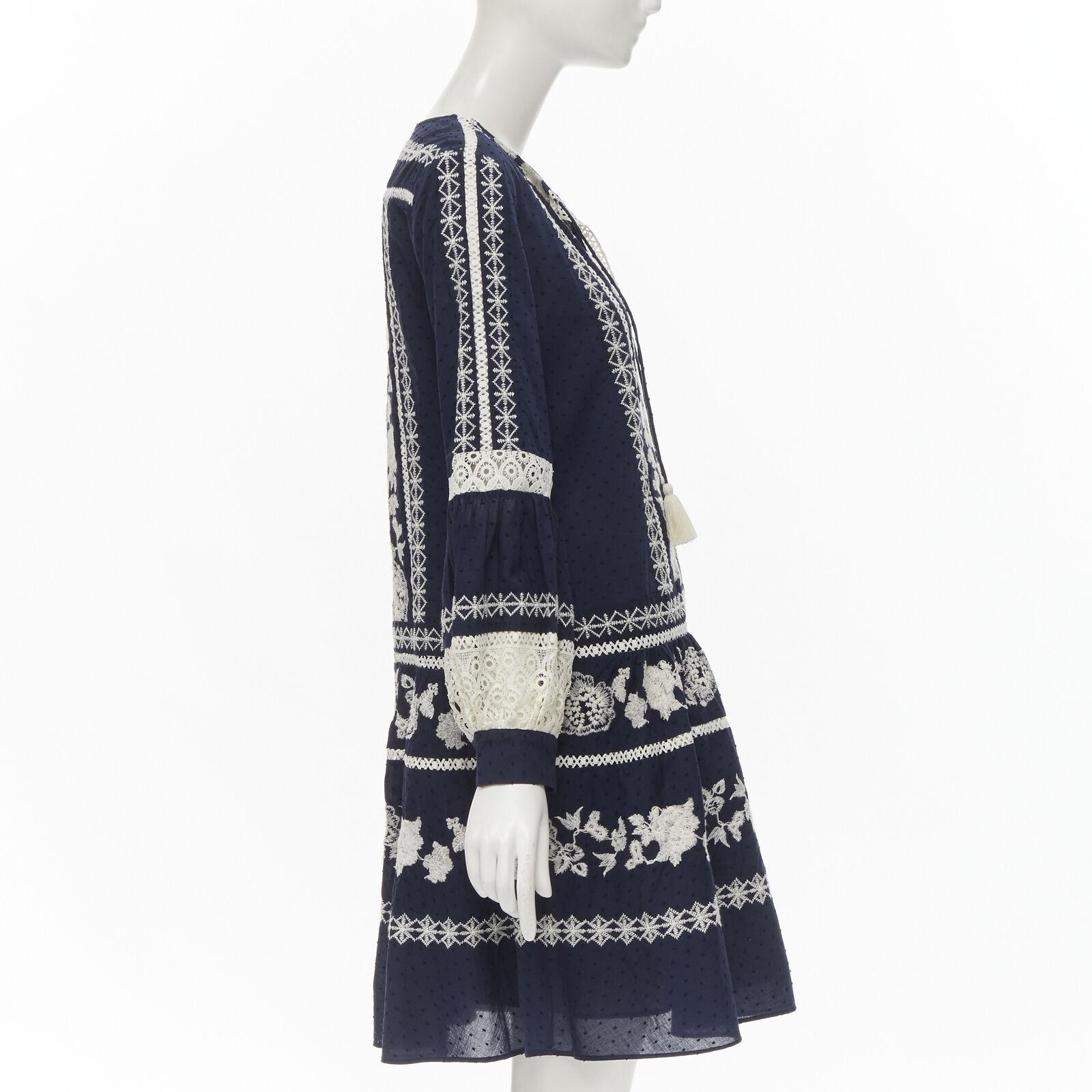 TORY BURCH navy blue white floral embroidery flared skirt boho dress S In Excellent Condition For Sale In Hong Kong, NT