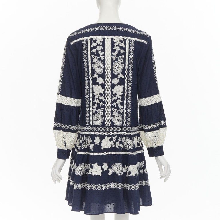 TORY BURCH navy blue white floral embroidery flared skirt boho dress S at  1stDibs