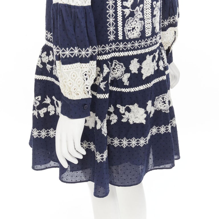 TORY BURCH navy blue white floral embroidery flared skirt boho dress S at  1stDibs