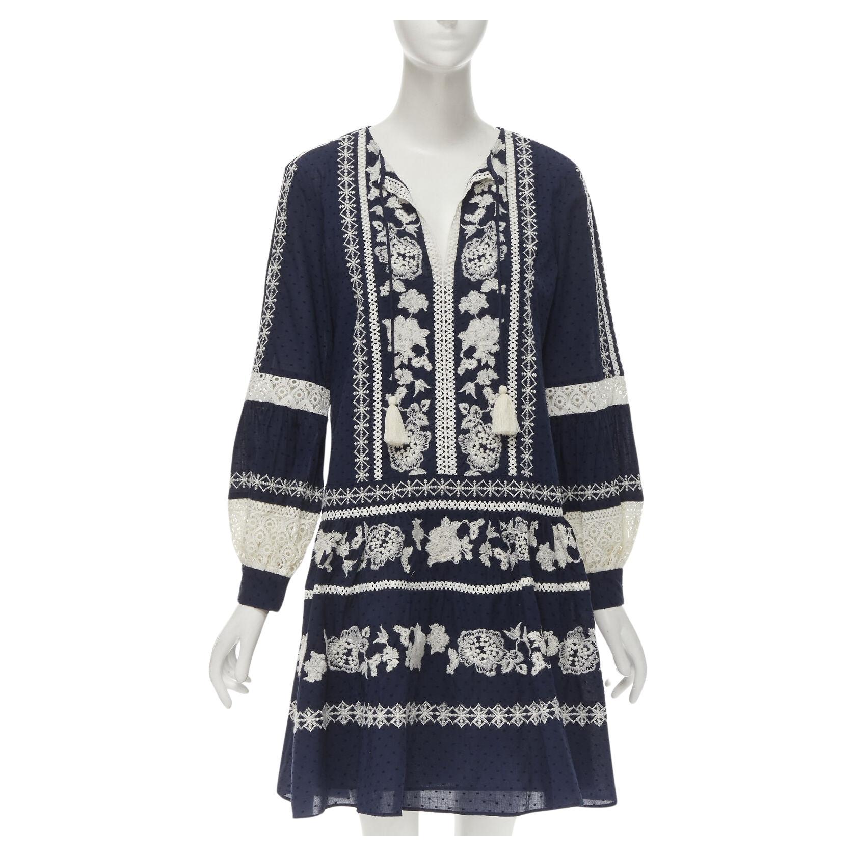 TORY BURCH navy blue white floral embroidery flared skirt boho dress S For Sale
