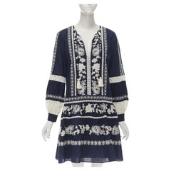 TORY BURCH navy blue white floral embroidery flared skirt boho dress S